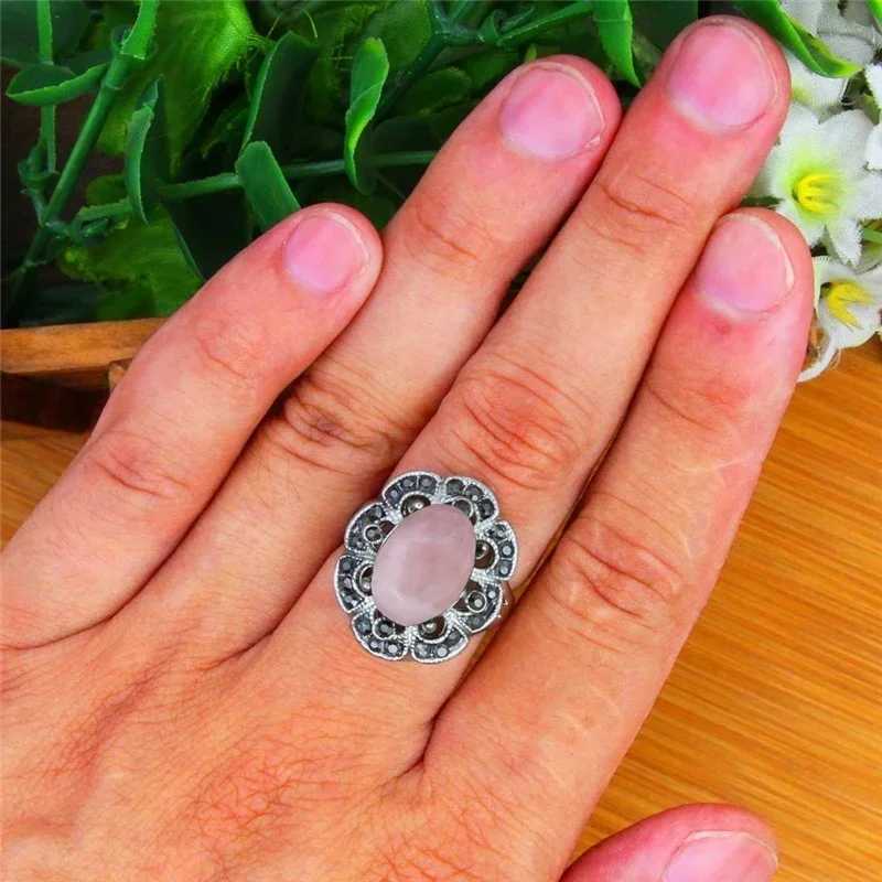 Oval Pink Quartz Rings For Women Antique Silver Plated  Natural Stone Rhinestone Hollow Flower Vintage Fashion Jewelry TR710