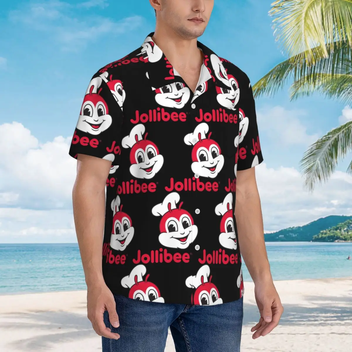 

Ретро Гавайские рубашки Jollibee, модная мужская рубашка с коротким рукавом для лета, пляжные мужские топы на пуговицах