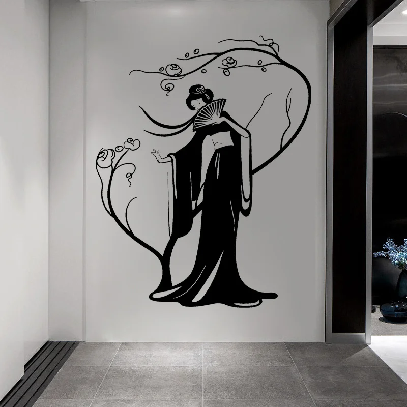 

Geisha Japanese Woman Vinyl Wall Decal Fan Sakura Tree Stickers Home Decoration for Living Room Bedroom Decor Wallpaper Q046