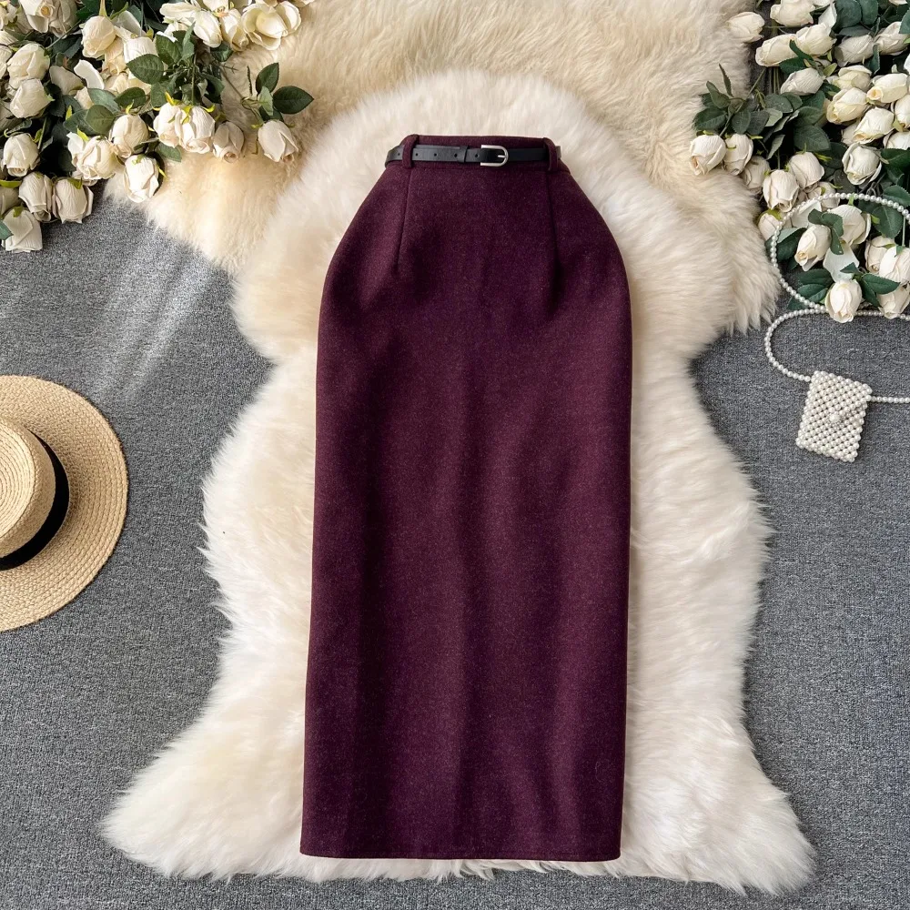 Neploe Korea Chic Woolen High Waist Belt Faldas Elegant All-match Slim Bodycon Skirt Straight Mid-length Vent Women Mujer Falda