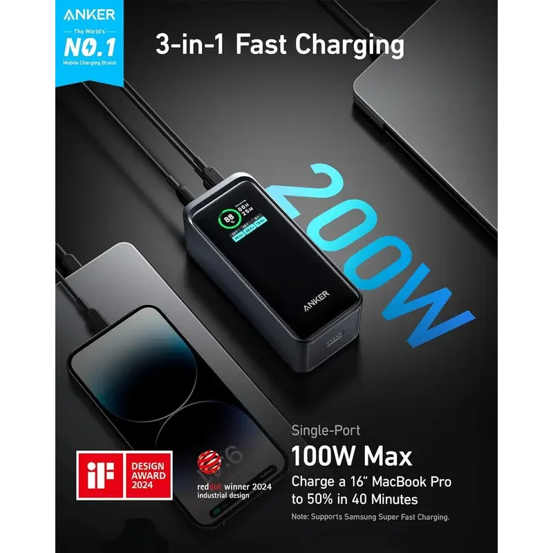 Anker Prime Power Bank, 20,000mAh 200W Portable Laptop Charger for Travel, TSA-Approved, Smart Digital Display
