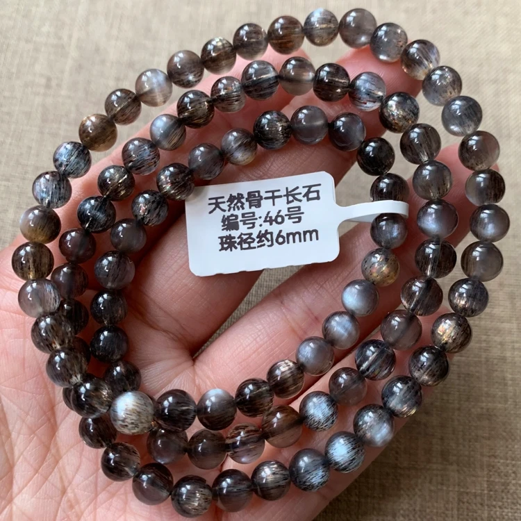 Natural Black Sunstone Moonstone 3 Laps Beads Bracelet Women 6mm Stretch Flash Light Crystal Clear Round Beads AAAAAA