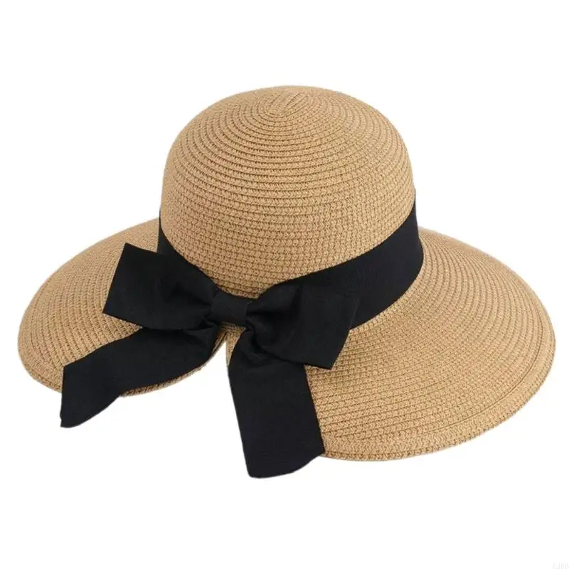 قبعة شمسية من القش الطبيعي ذات حواف واسعة تحجب الشمس، قبعة قابلة للطي مع عقدة فيونكة