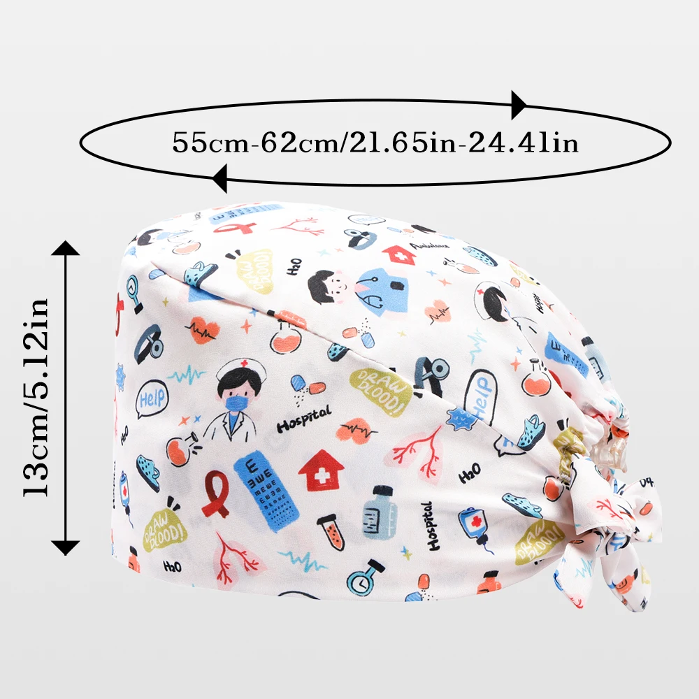 만화 프린트 치과 의사 스크럽 캡 여성용 의료용 스크럽 모자 수술 모자 유니섹스 수술실 모자 병원 의사 간호사 캡
