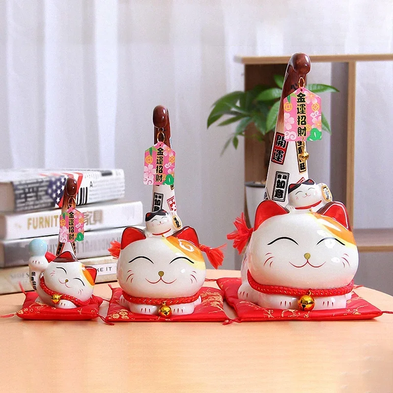 1pc Japanese Style Maneki Neko Ceramic Lucky Cat with Long Tail Fortune Cat Feng Shui Statue Tabletop Ornament Home Decoration