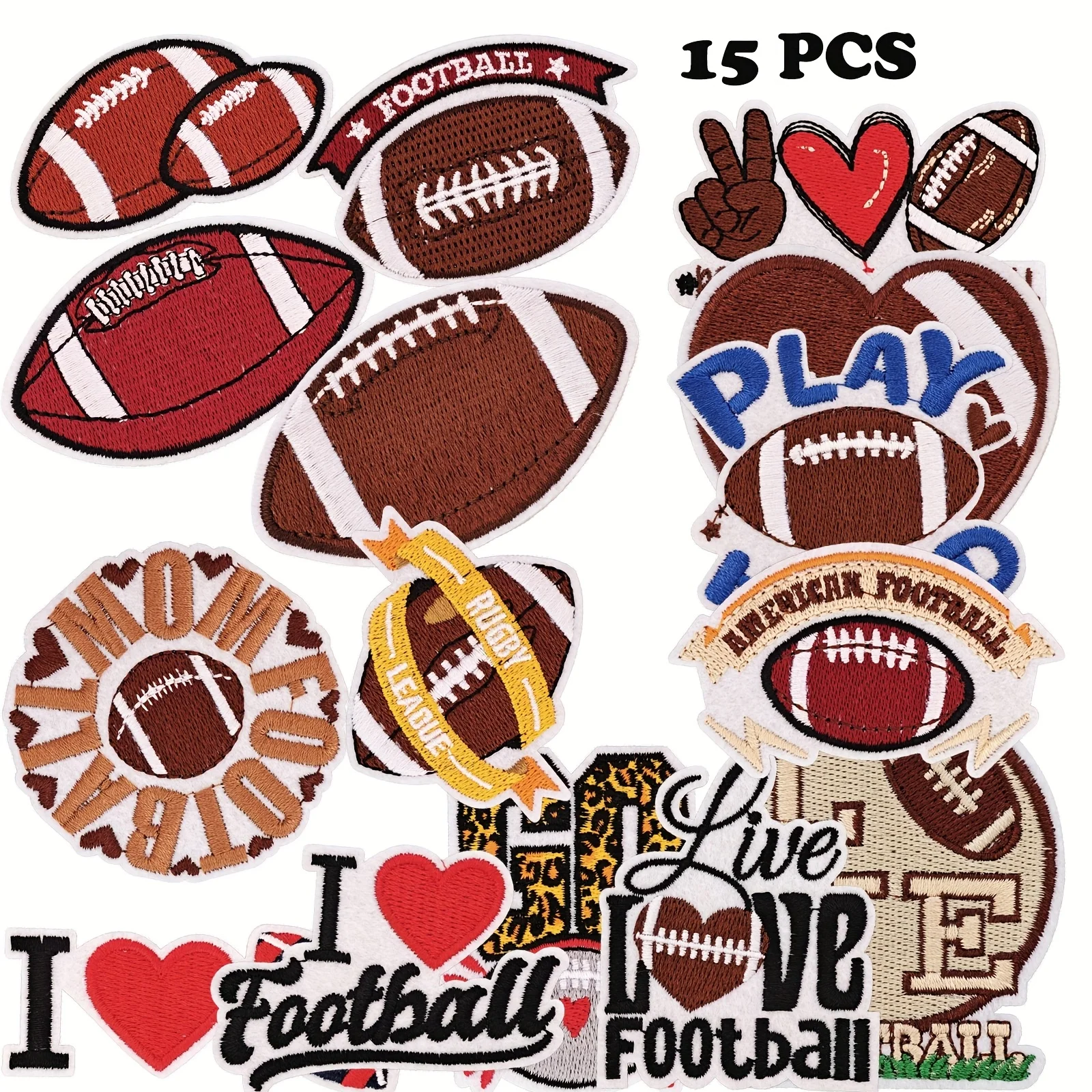 AXEN 15 Uds. Parches bordados de fútbol y Rugby, apliques para planchar, I Love Football Go Play, apliques duros, parche bordado deportivo