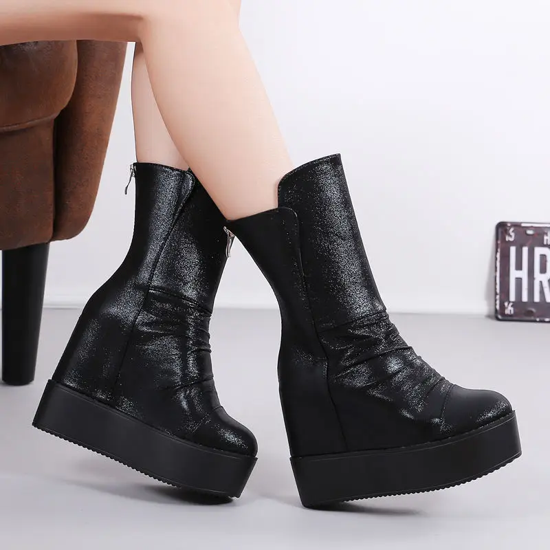 Fujin 11.5cm Microfiber Women Knee High Platform Wedge Super High Zip Spring Autumn Women Winter Hidden Heels Mid Calf Boots