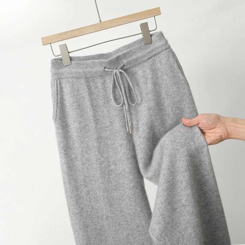 Otoño e Invierno nuevos pantalones 100% de lana pura pantalones de pierna ancha informales ajustados sueltos planos con cordón de cintura elástica para hombres