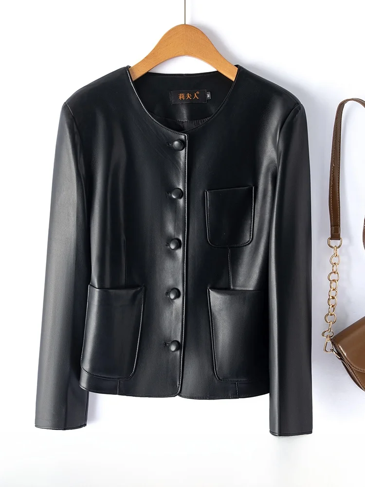 

New 2025 Women's ort Leather Jaet eepskin Genuine Leather Slim Fit Faionable Small Fraance Sle Spring Autumn Coat