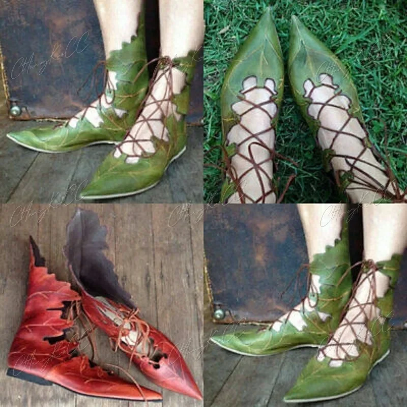 2024 Medieval Gothic Retro Elf Witch Leaves Lace Up Shoes For Women Men Cosplay Costume Carnival Party Knight Boots Accessories