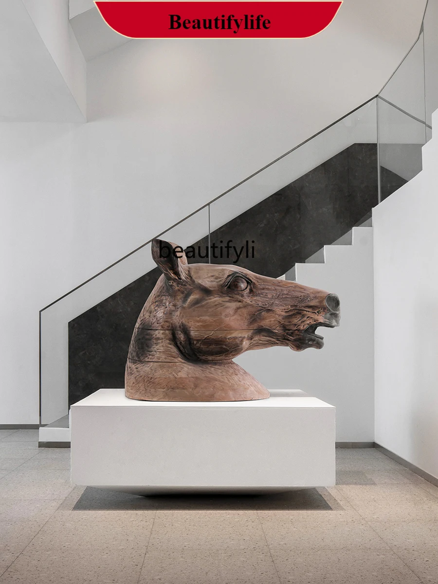 

F132 Hotel Lobby Hallway Solid Wood Horse Head Sculptured Ornaments Sales Department Villa Animal Decoration