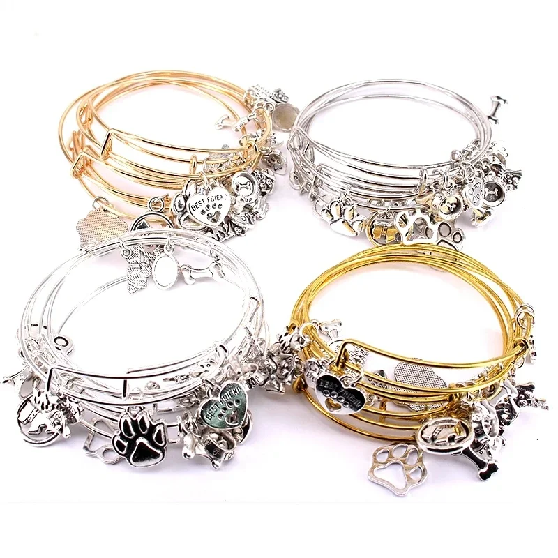 5pcs Bangle Set Bracelets for Women Girls Jewelry Best Friend Dog Basin Bone I Love My Dog Charms Bangles Cuff Jewlery C050