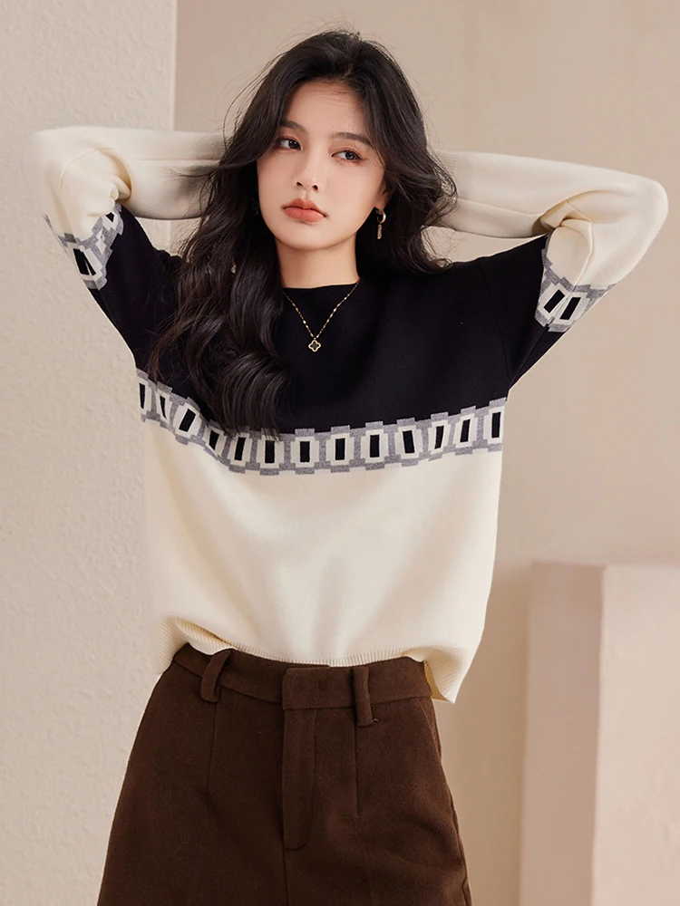 Knitted Sweater Women Autumn New Fashion Contrasting Color Casual Versatile Long Sleeved Tops Lazy Style Pullover Sweater