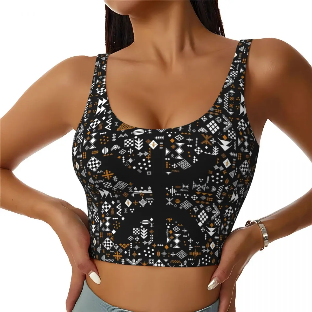 

Custom Kabyle Pottery Amazigh Ornament High Impact Sports Bras Africa Ethnic Geometric Seamless Workout Yoga Crop Tank Tops