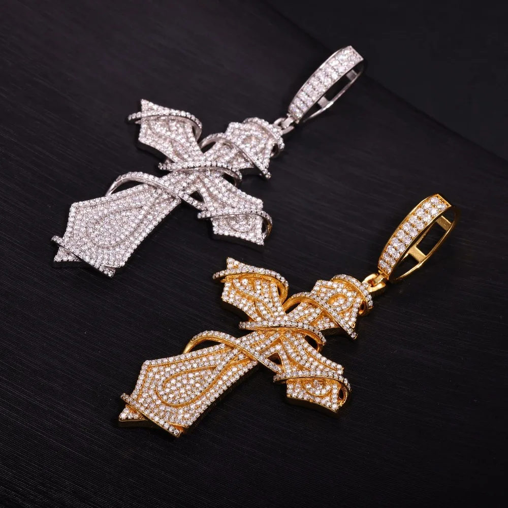 925 Silver Iced Moissanite Cross Pendant Necklace Hiphop Rock Men Yellow Gold Cross Charm with Rope Chain Pass Tester Gift