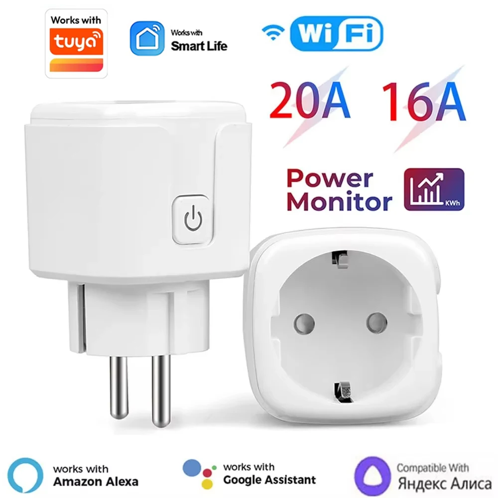 Tomada Inteligente EU Plug WIFI 16/20A com Monitor de Energia, Temporizador e Controle por Voz, Compatível com Tuya APP, Alexa, Google Home e Alice APP