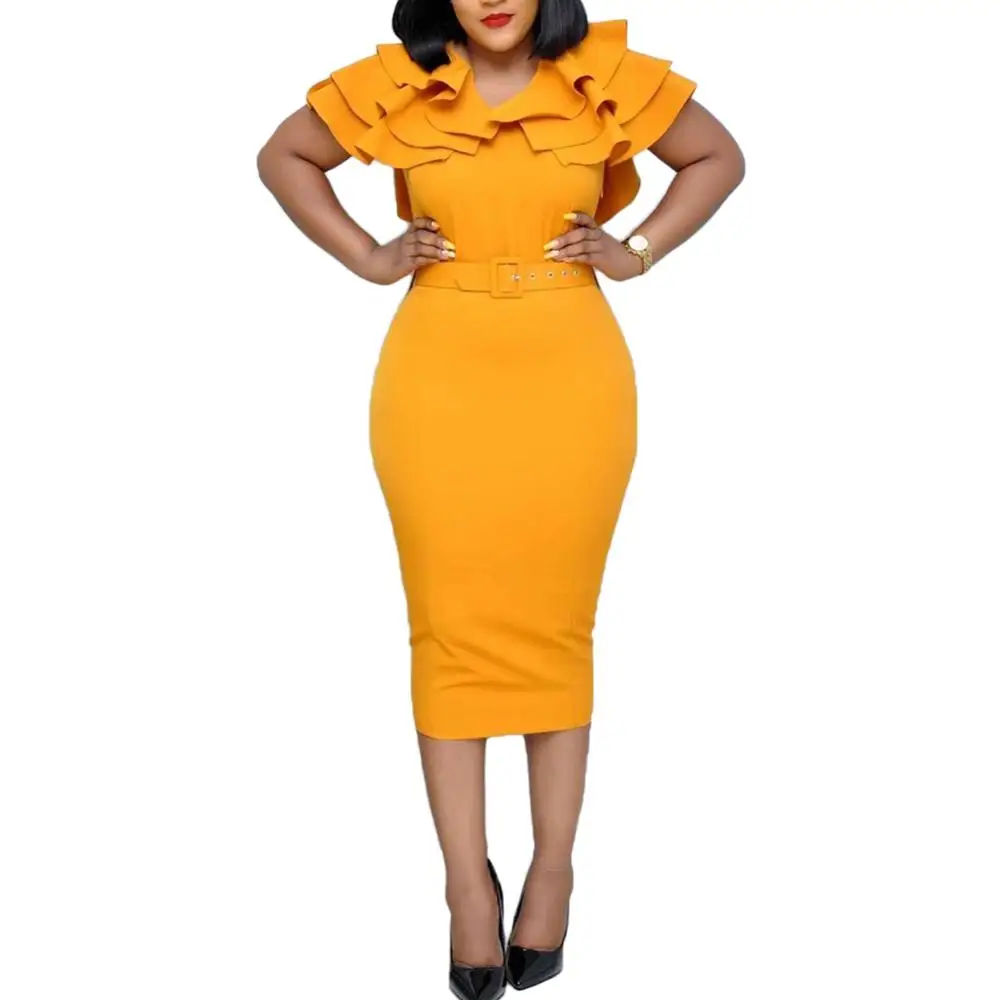 Bodycon Short Midi Dress Solid Color Dress Office Lady V Neck Ruffled Sleeve Belt Midi Dress