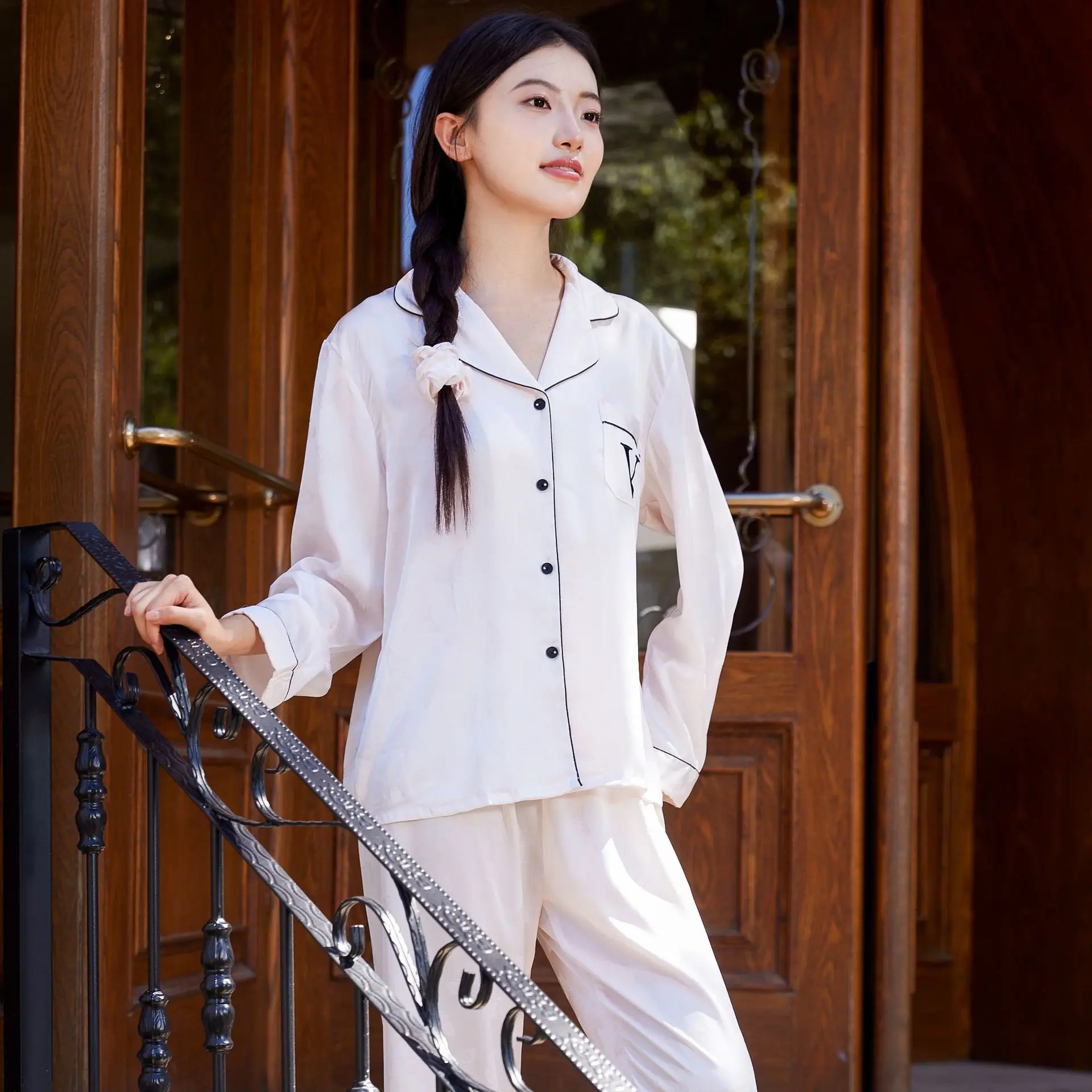 الجاكار فراشة المرأة ملابس خاصة 2 قطعة منامة مجموعة ربيع جديد الحرير الساتان بنطلون الدعاوى ملابس المنزل فضفاضة ملابس غير رسمية #5