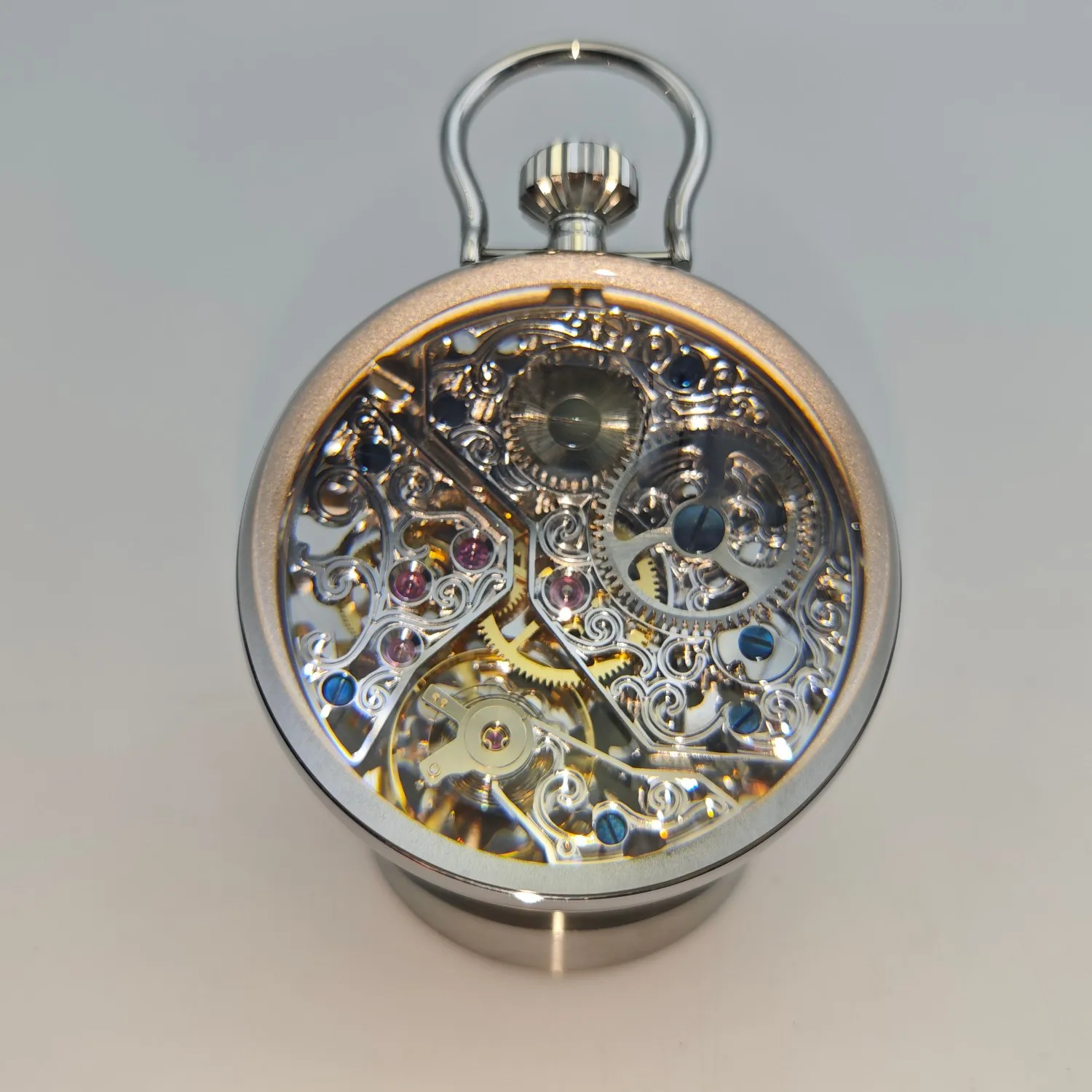 ROKATIE 65 مللي متر كريستال ساعة كروية الديكور الهيكل العظمي حركة ميكانيكية مضيئة ساعة جيب زخرفة مع حامل عرض