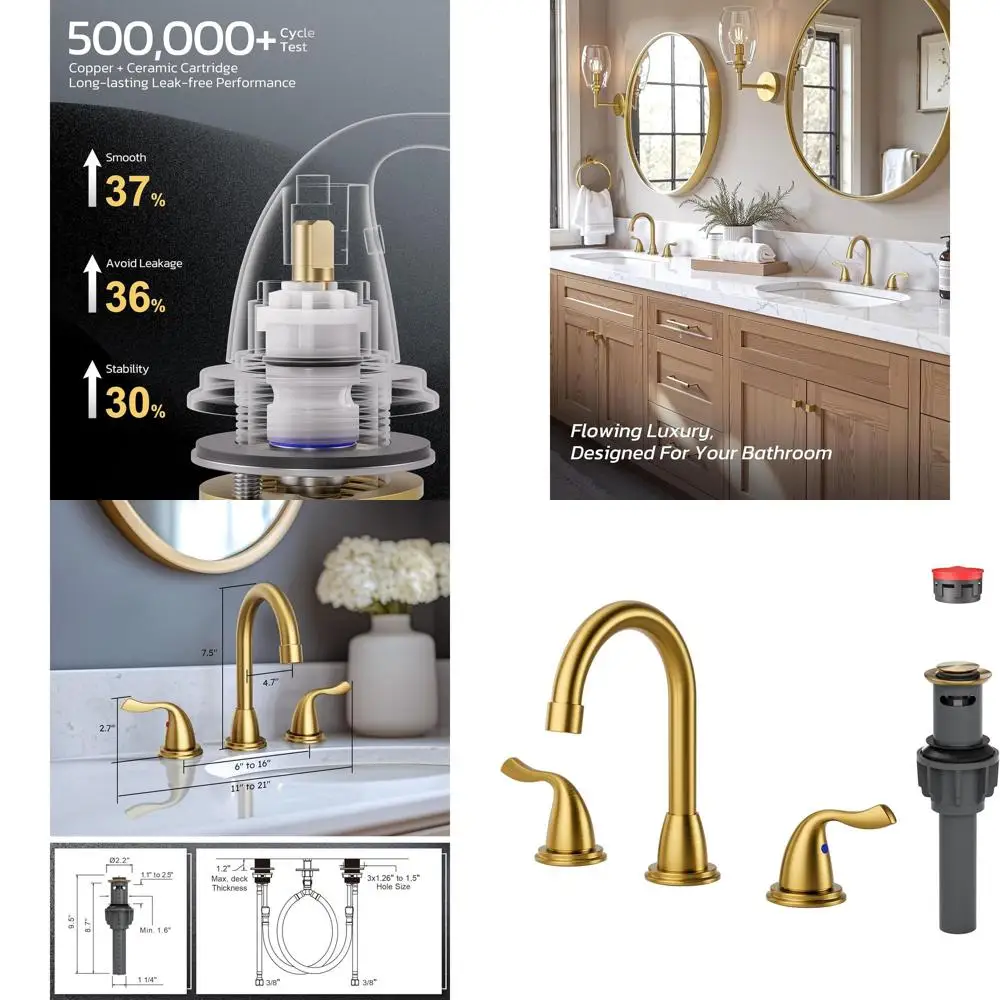 

8 Widespread 3-Hole Brushed Gold Bathroom Faucet with Dual Handles and Drain Assembly