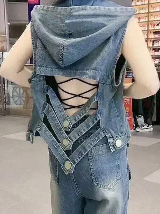 

Модный джинсовый жилет Jaet, женский весенне-летний размер 2025 года, корейский многослойный жилет с капюшоном, майка для поездок на работу