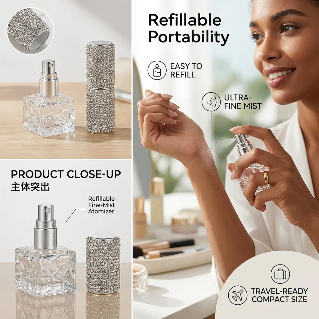 10ml Square Glass Perfume Bottles Rhinestone Spray Atomizer Potable Travel Coametics Sample Refillable Sub-Packaging Container