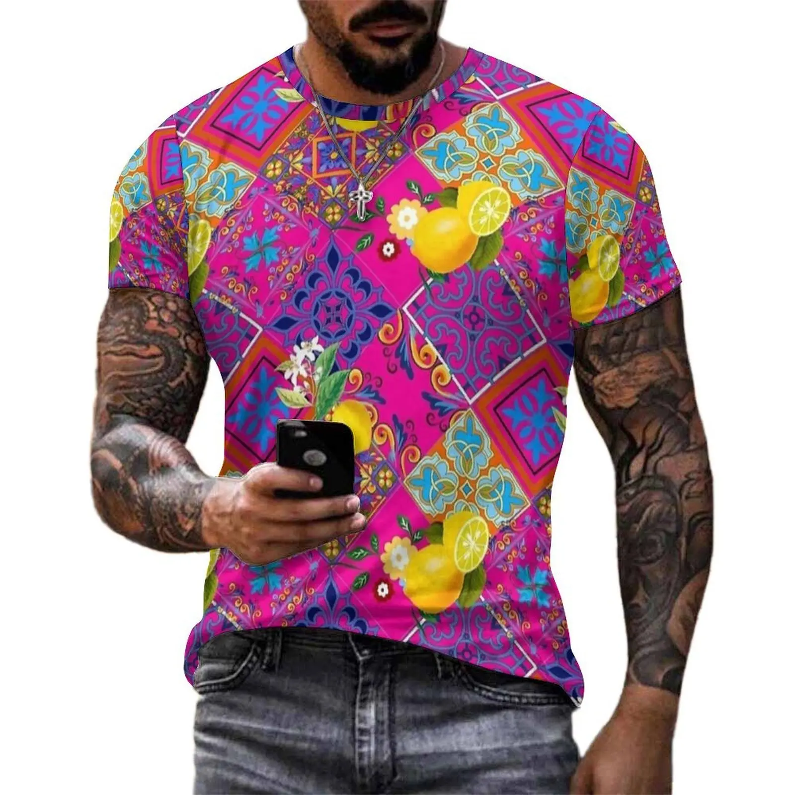 Bright Majolica Lemon Tile Print T Shirt For Men O Neck T-Shirts Summer Hip Hop Tops Short-Sleeve Streetwear Plus Size Tee Shirt