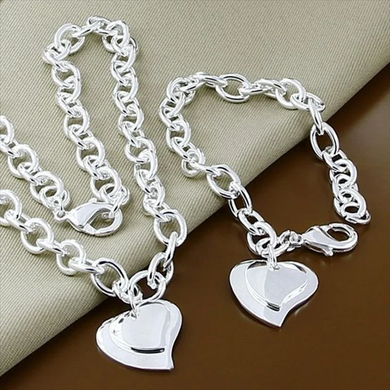 

2025 New Design 925 Sterling Silver Double Heart Necklace Bracelet Jewelry Set For Women Men Wedding Engagement Fashion Gifts