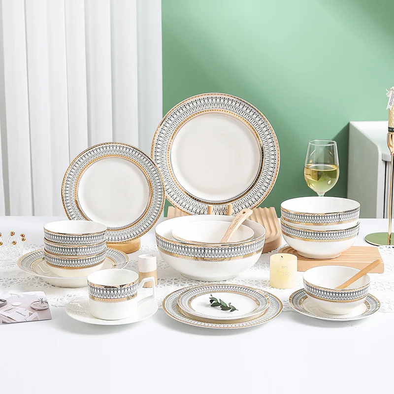 Nordic Fine Bone China Plates Set Dinner Serving Kitchen Dessert Plate Dish Tableware Porcelain Plate Bowl Dishware Service Set