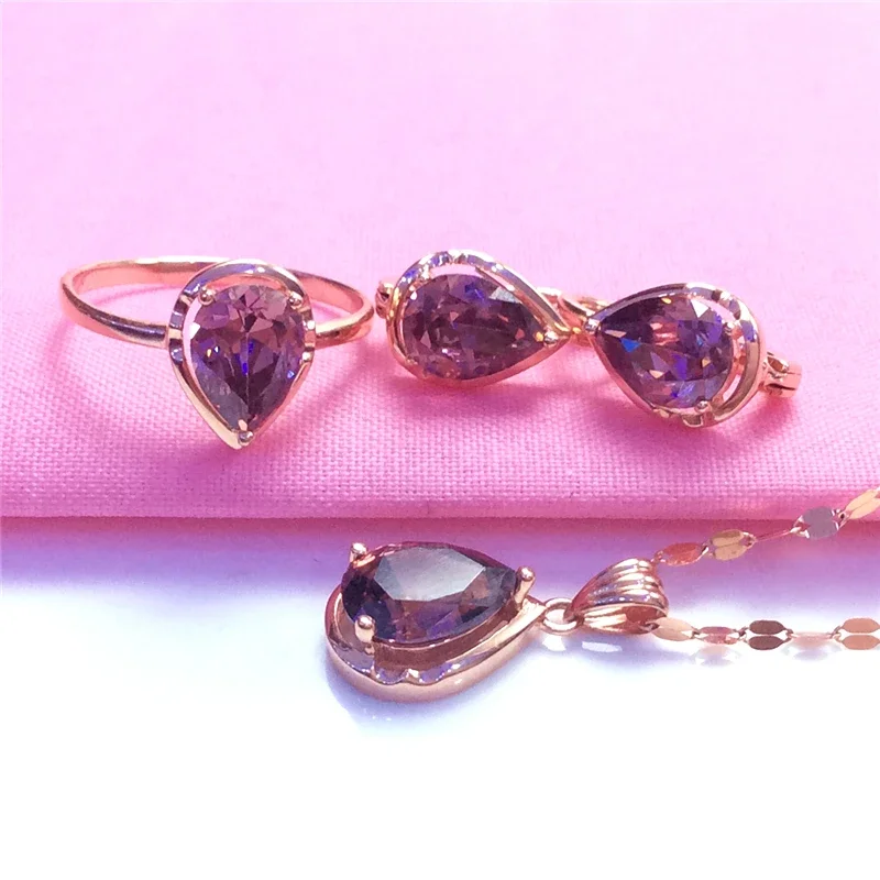 Plated 14K Rose Gold Water Drop Amethyst Jewelry Sets Romantic Delicate Earrings for Women Wedding Ring Necklace