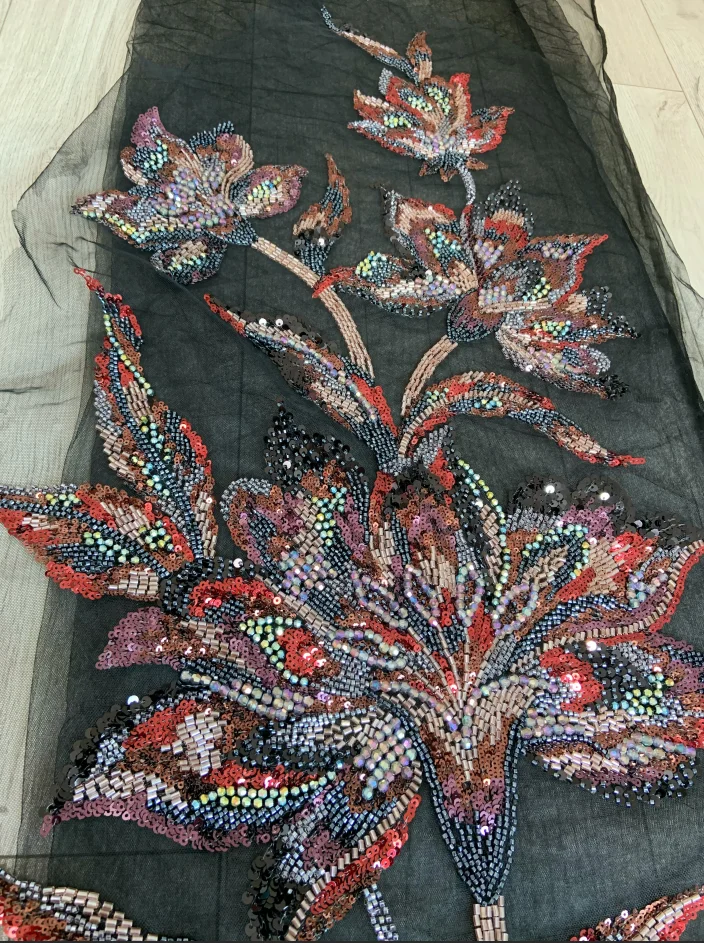 1 Piece Black Lace Fabric Patch with Luxury Colorful Beads Flower Applique for Wedding Dress,Ball Gown,Haute Couture Accessories view 2