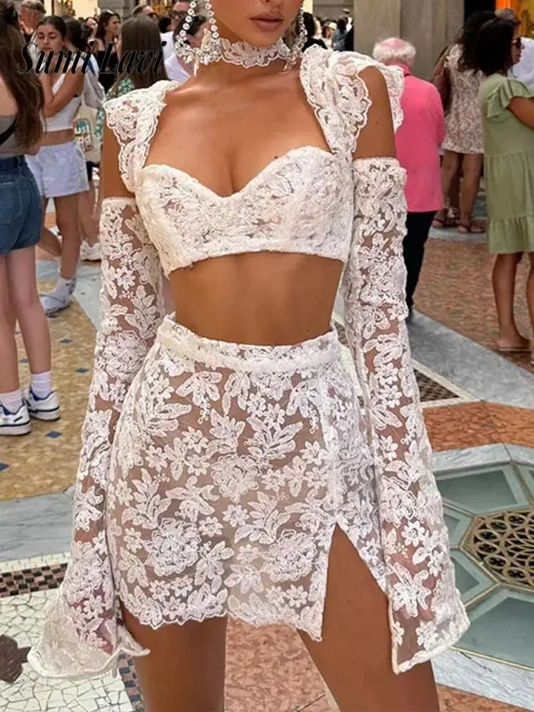 

Elegant Sling Tops and A-Line Skirt Suit Sexy Street Lace Hollow Out Two Piece Outfits Women Fashion Embroidery Solid Set 2025