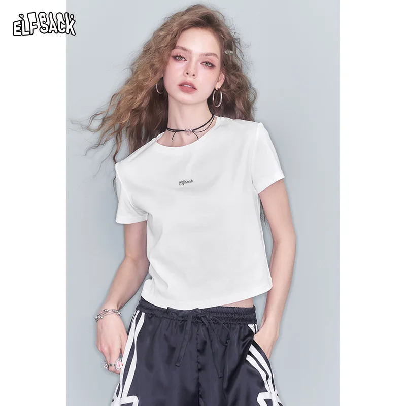 

ELFSACK 2025 Summer New Arrival Sweet Y2K White Heart Hollow Out Design Sense Positive Shoulder Women's Short Sleeve T-Shirt