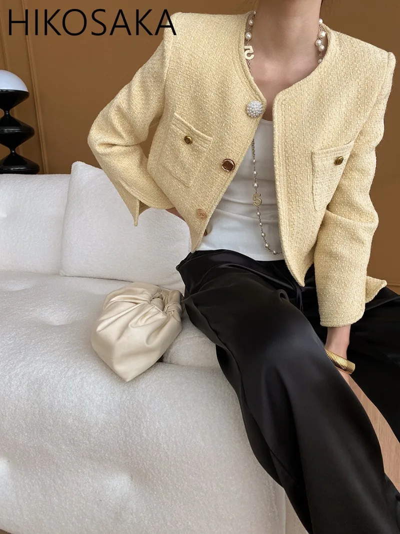 Fashion O-neck Elegant Small Fragrance Style Jackets Women Exquisite Button Long Sleeve Crop Coats 2024 Spring New Solid Outwear