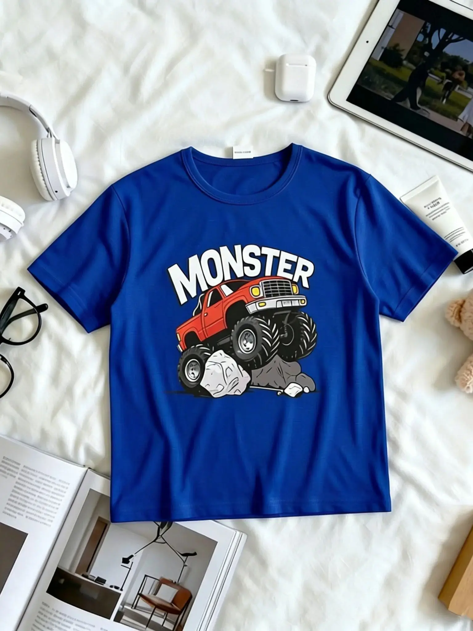 Spring Summer Kids Boys 4-14Y Blue Monster Truck Print Short Sleeve Crew Neck T-Shirt Casual Daily Wear Children's Top