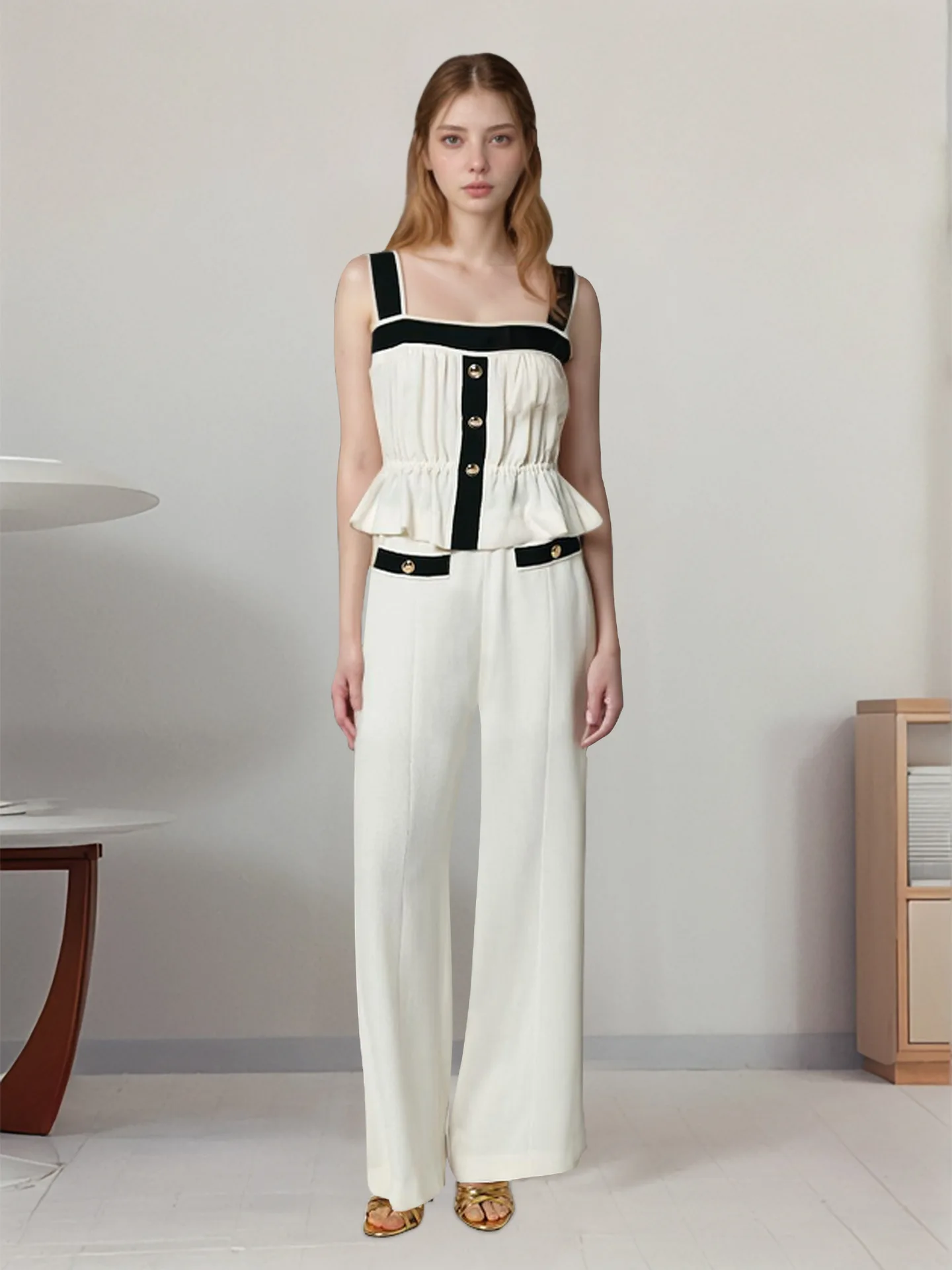 

Spring Splice Vest Pants Suit Women Sleeveless Square Neckline Camisole+high Waist Wide-leg Pants Autumn Female Two-piece Set