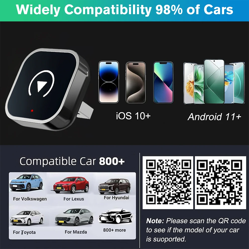 محول Carplay اللاسلكي الصغير يحول السلكي إلى iPhone اللاسلكي Android Auto Car Stereo Type-C/USB Dongle Smart Plug Play Bluet #4