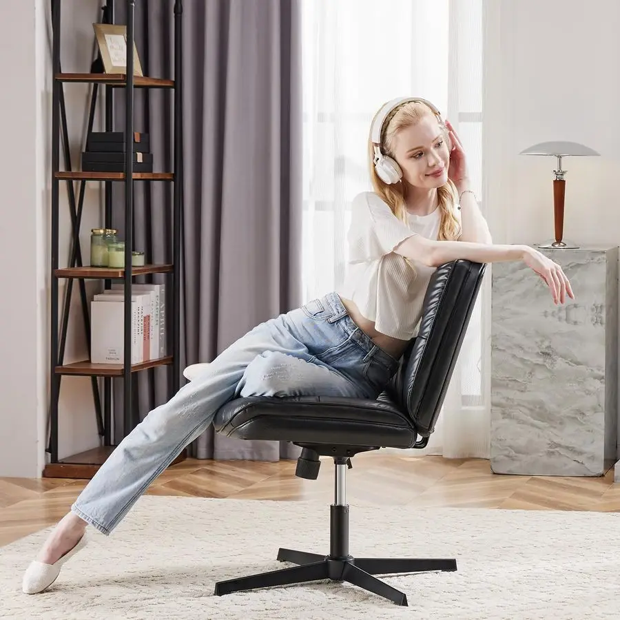 Criss Cross Chair Without Wheels, Cross Legged Office Chair, Armless Wide Vanity Desk Chair with Comfy PU Leatheramp Back Swivel