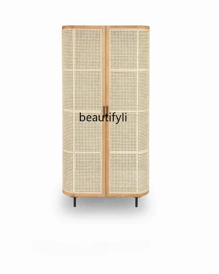 Solid Wood Rattan Wardrobe Double-Door Single Minimalist Storage Double Door Log BreathableA