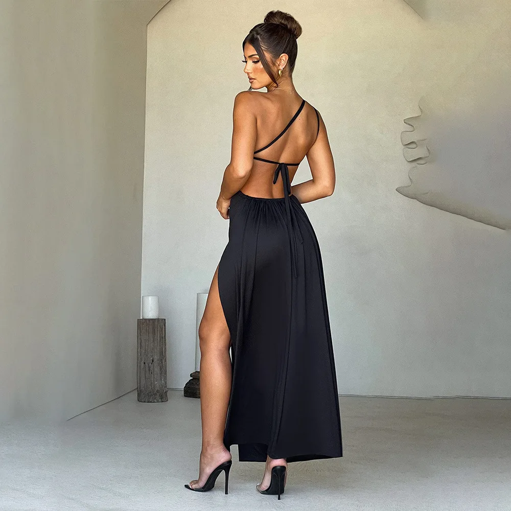 

2025 New Summer Women's Backless Tie-Up One-Shoulder High Slit Elegant Sexy Fashion Dress D001