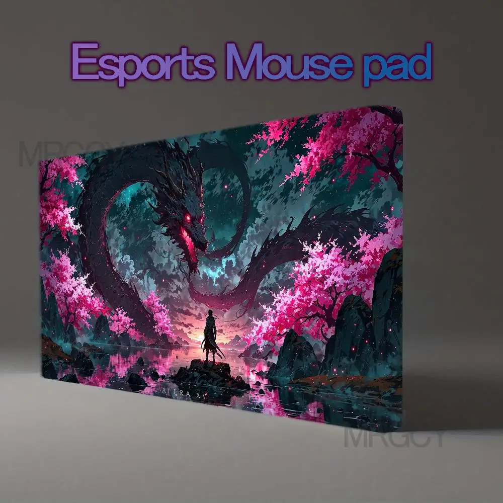 Large Japanese Fantasy Dragon Desk Pad Pink Sakura Cherry Blossom Lake Samurai Warrior Scenic office desk accessories