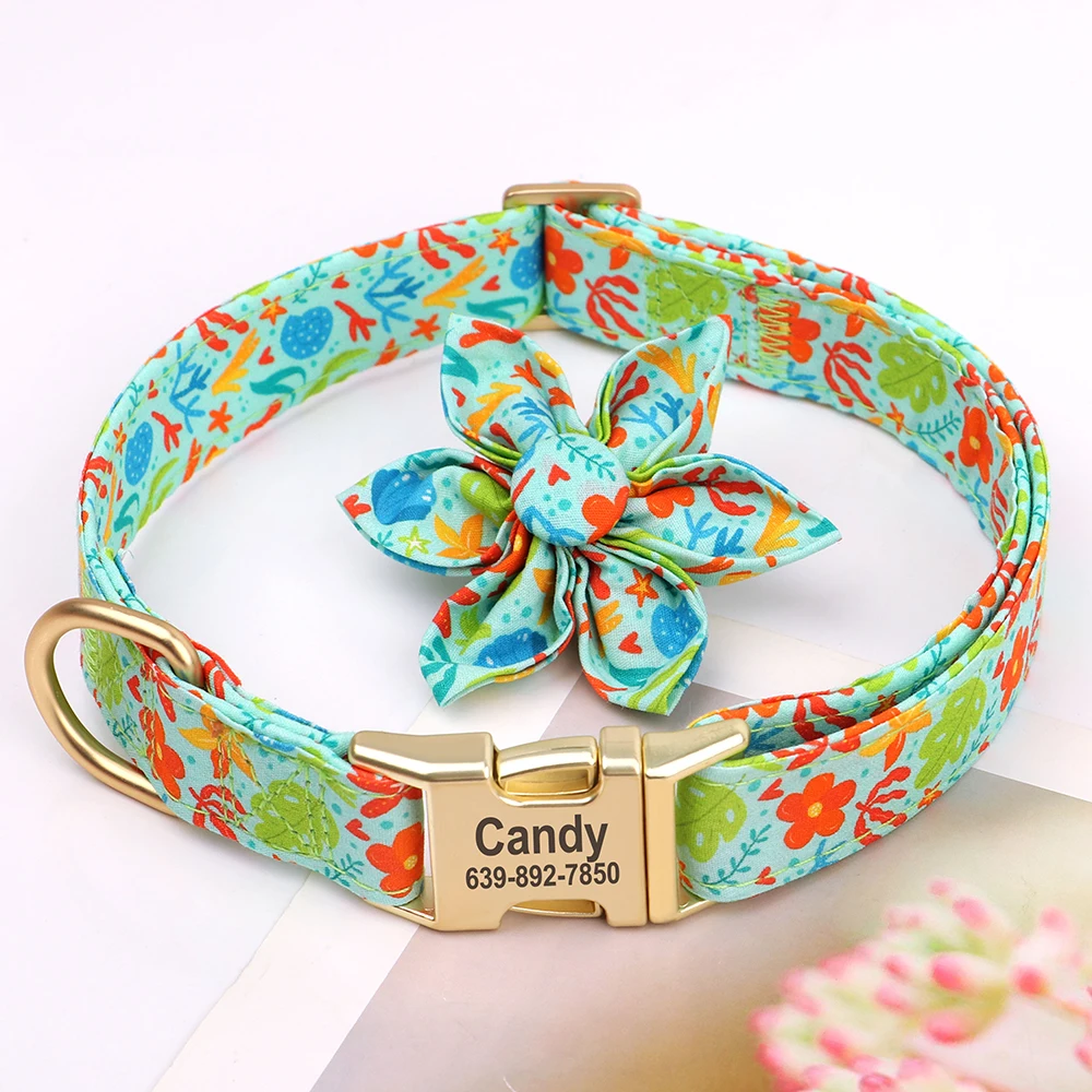 Personalized Dog Buckle Collar Nylon Print Dogs ID Collars Free Engraved Pet Necklace With Flower Accessory For Small Large Dogs