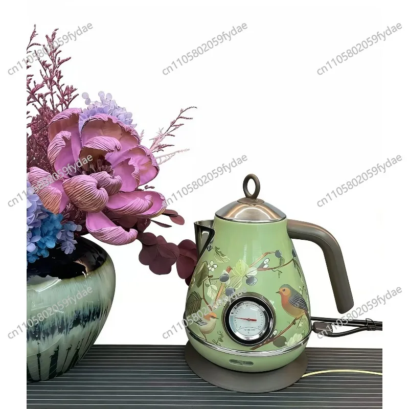 1.7L Retro Electrc Kettle Wood Grain Handle Boiling Kettle With Thermometer Automatic Power Off 304 stainless Steel Teapot 220V