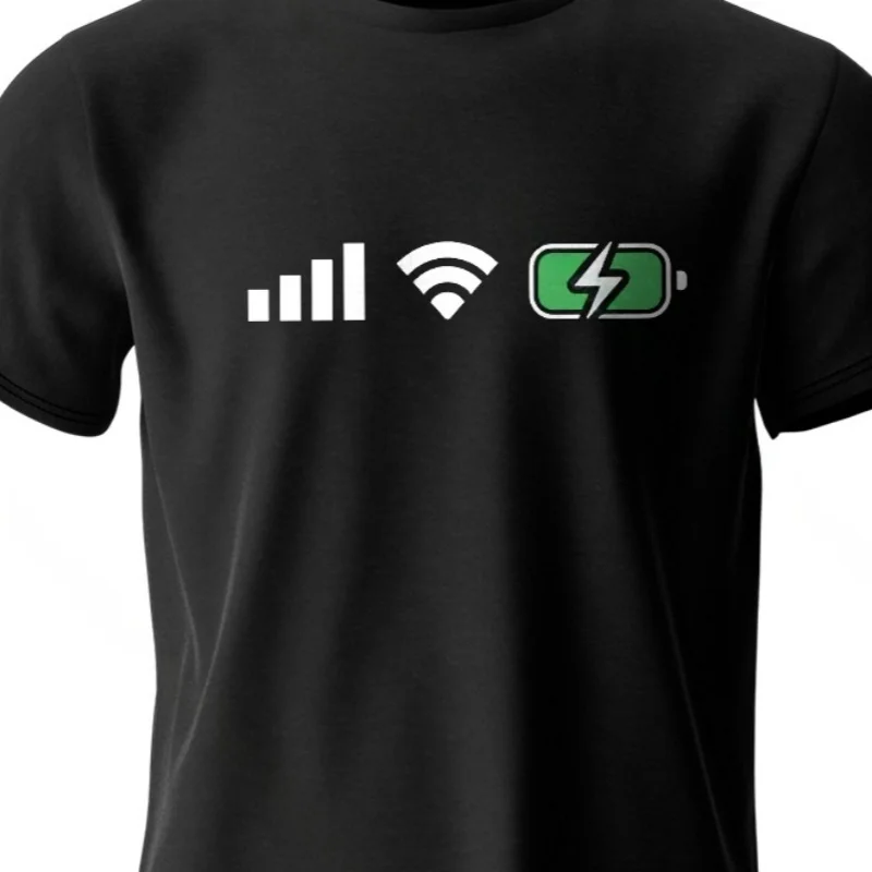 Camiseta con estampado de batería WiFi de señal, camisetas gráficas tecnológicas de gran tamaño 100% algodón para homb