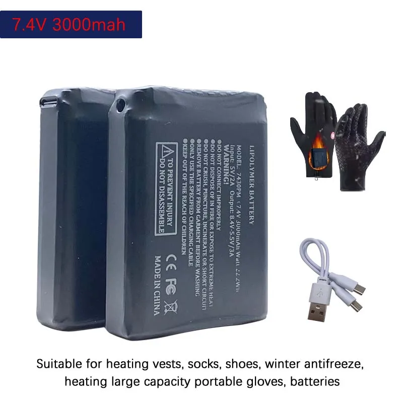 

7.4V 3000mah Heated Gloves Battery for Heating Vest Socks Shoes Winter Antifreeze Heating Large capacity Portable glove batteria