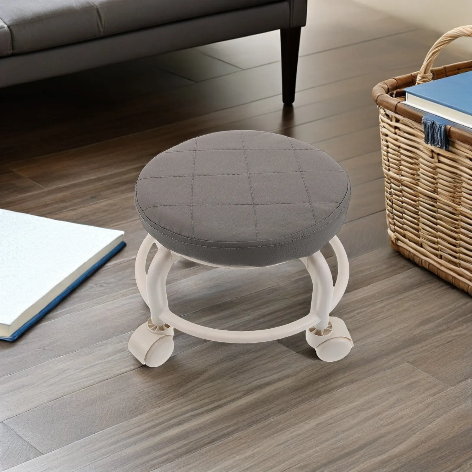 

Вращающийся стул для спа-салона с низкой круглой сидушкой из ПУ и прочными колесами для салона, маникюра, гаража, дома, офиса, фитнеса