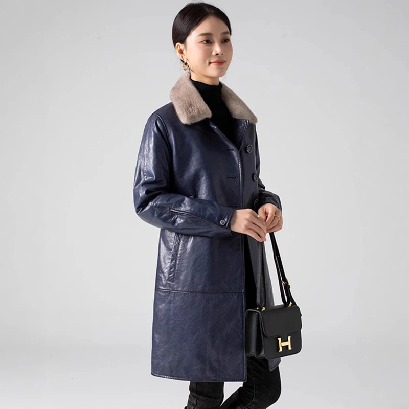 Dames winter donsjack gewaxte schapenvacht ganzendons nertsenbontkraag riem slim fit blauw halflange warme lederen jas