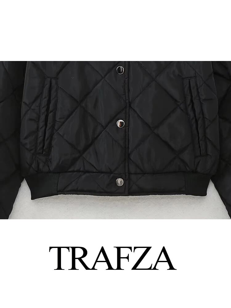 Trafza-女性用ショートコットンボンバージャケット,クルーネック,シングルブレスト,長袖,ポケット,カジュアルコート,エレガントなファッション,冬