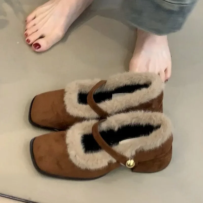 

Furry Women's Mary Janes Shoes High Heels Square Toe Plush Snow Boots 2025 Winter Warm Cotton Shoes Elegant Pumps Mujer Zapatos
