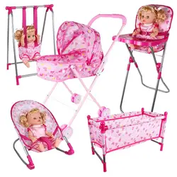 Simulation Doll Stroller Set Pink Baby Stroller Pretend Play Toys Nursery Role Play Doll House Furniture Set Doll Crib Swing Toy